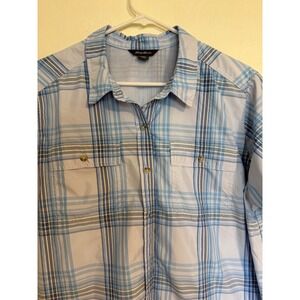 Eddie Bauer Short Sleeve Plaid Button Up Shirt Blue Gray Men's Medium